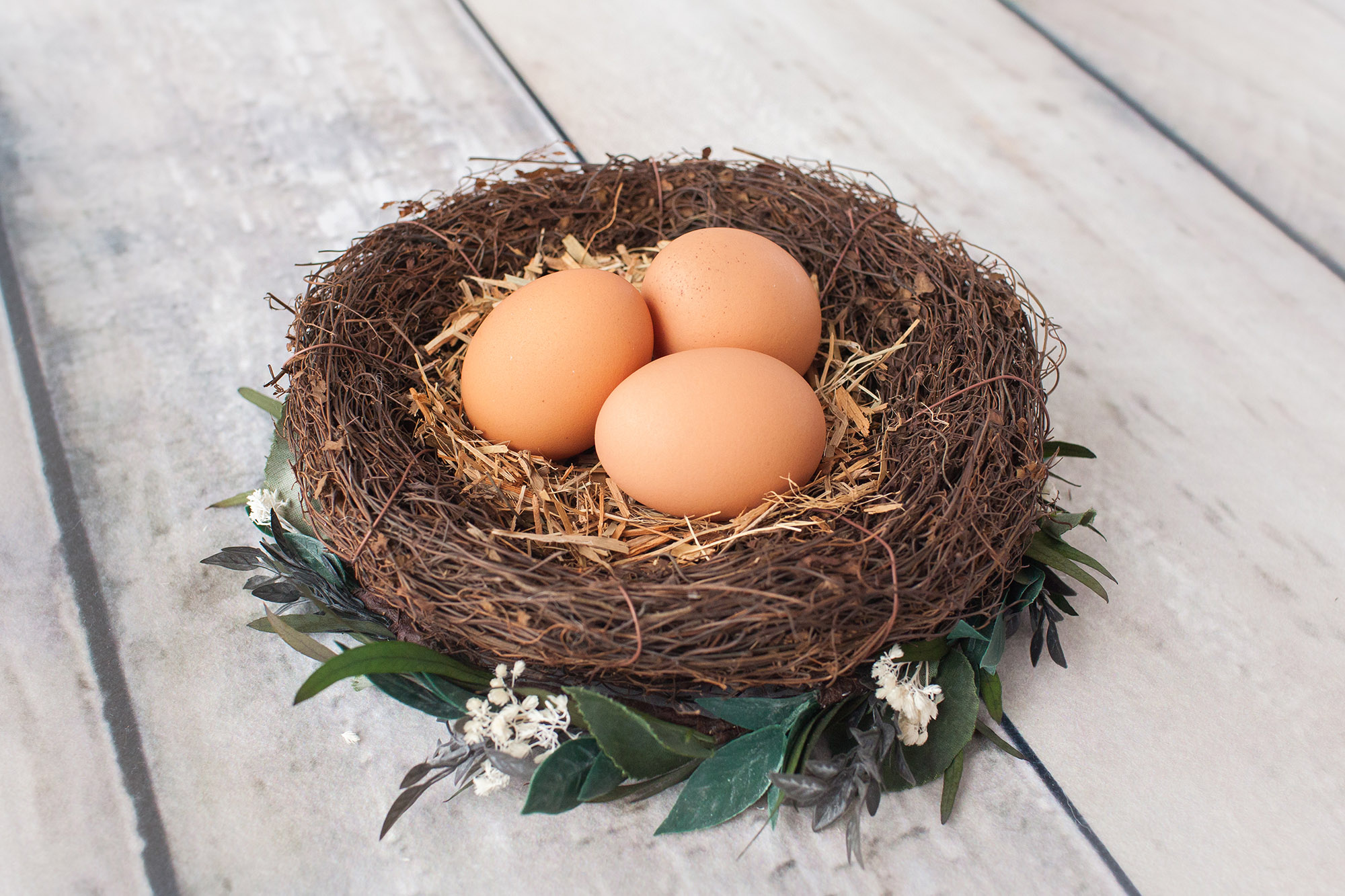 Three farm-fresh Casaccio eggs resting in a nest